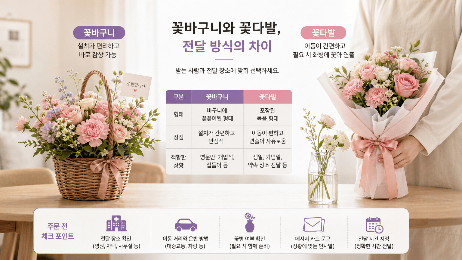 꽃바구니와 꽃다발, 받는 사람과 전달 장소에 맞춰 고르는 법