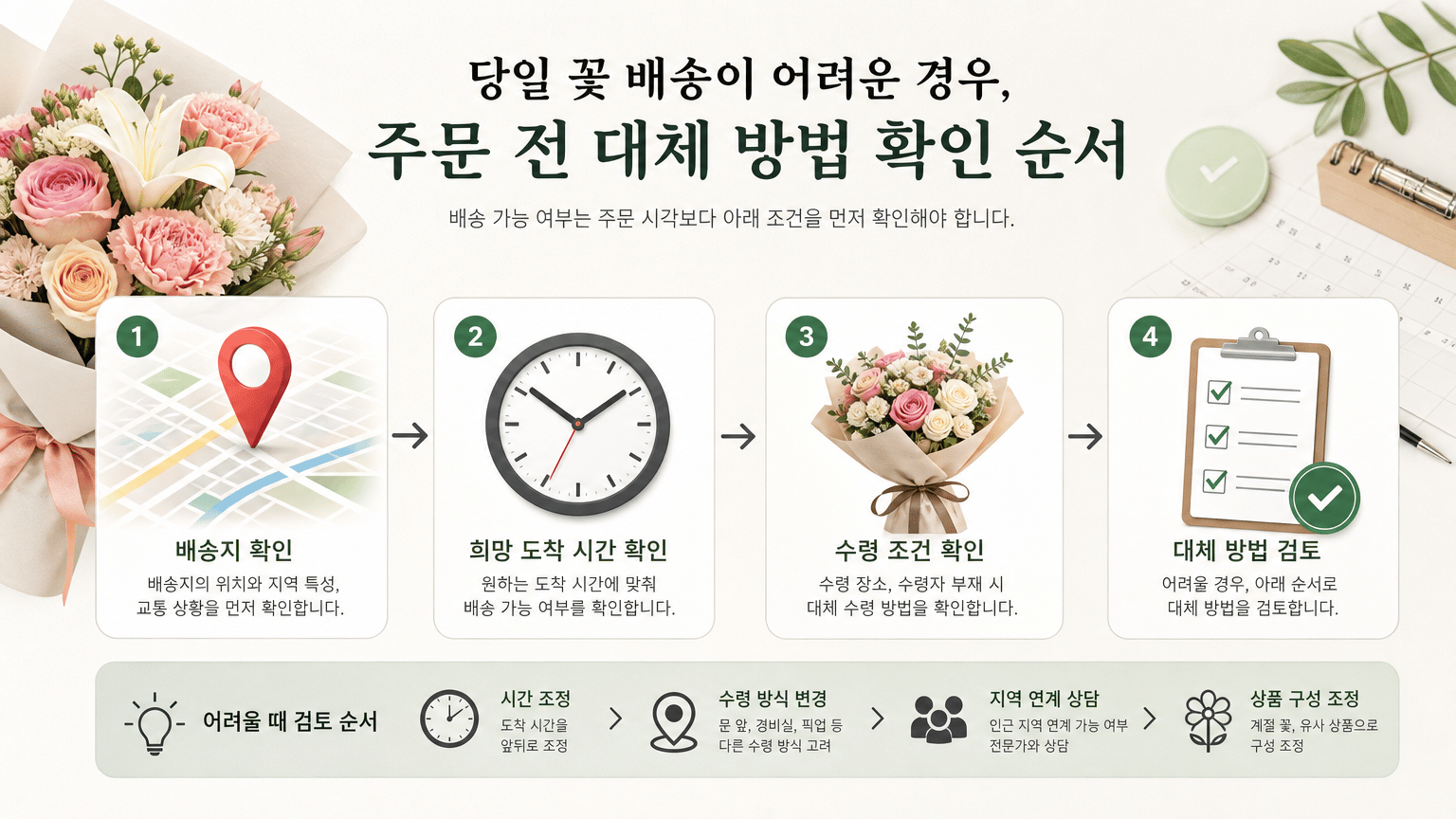당일 꽃 배송이 어려운 경우, 주문 전 대체 방법 확인 순서