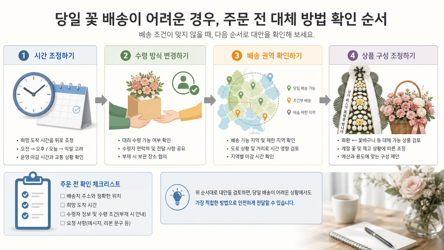 당일 꽃 배송이 어려운 경우, 주문 전 대체 방법 확인 순서