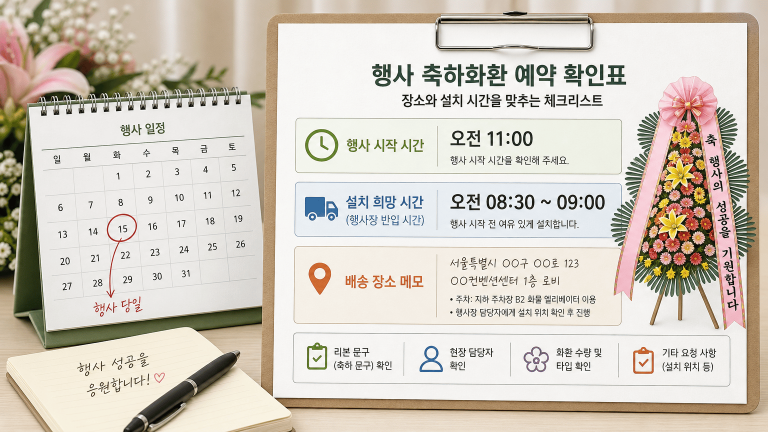 행사 축하화환 예약, 장소와 설치 시간을 맞추는 확인표